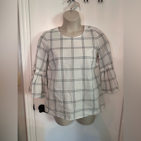 Calvin Klein White & Black Grid Windowpane Pattern Bell Ruffle Sleeve #1829 - Picture 2 of 8